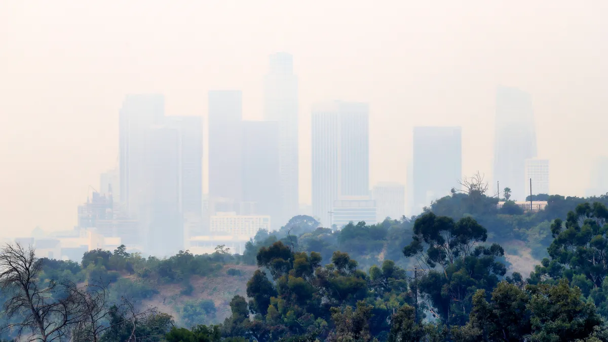 Los Angeles, California, USA - September 12, 2020: Los Angeles Skyscrapers in the smoke due to Wildfire.