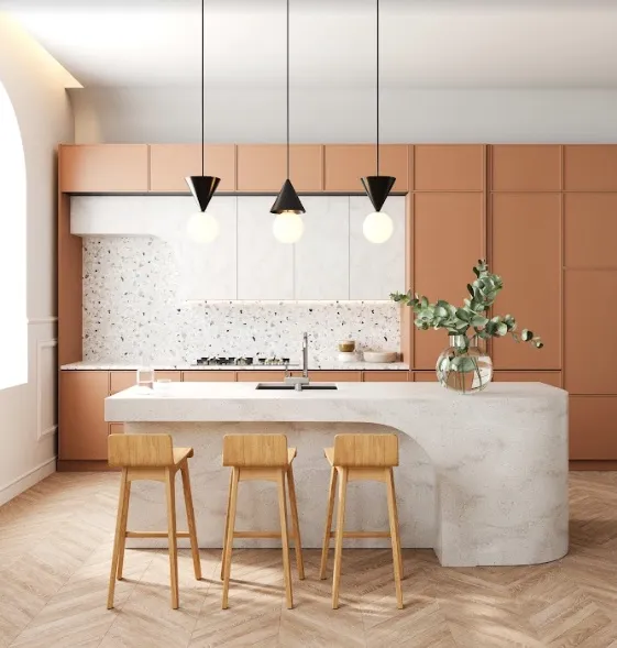 A kitchen with a stone kitchen island.