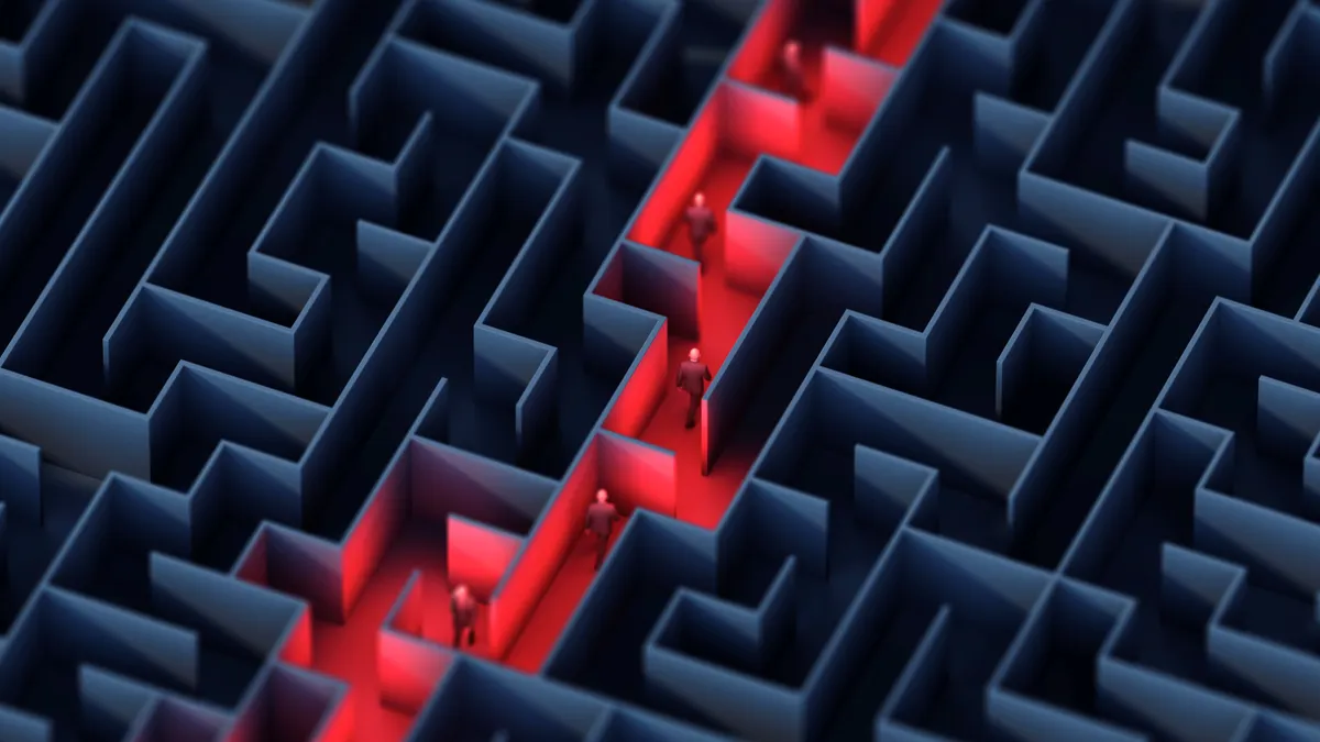 Businessmen Moving Through Maze with Red Path. Concept of Strategy, Risk, and Business Challenges