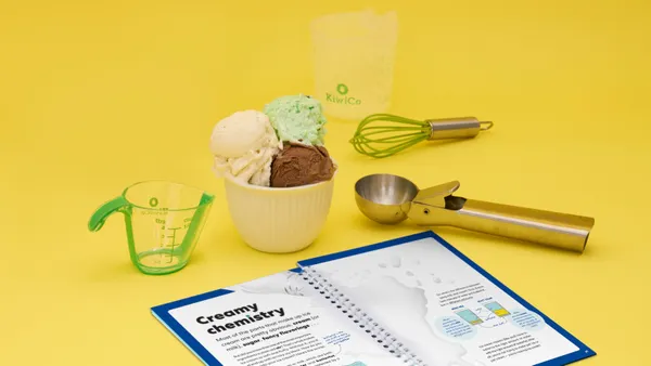 Items inside a KiwiCo crate to make your own ice cream are laid flat.