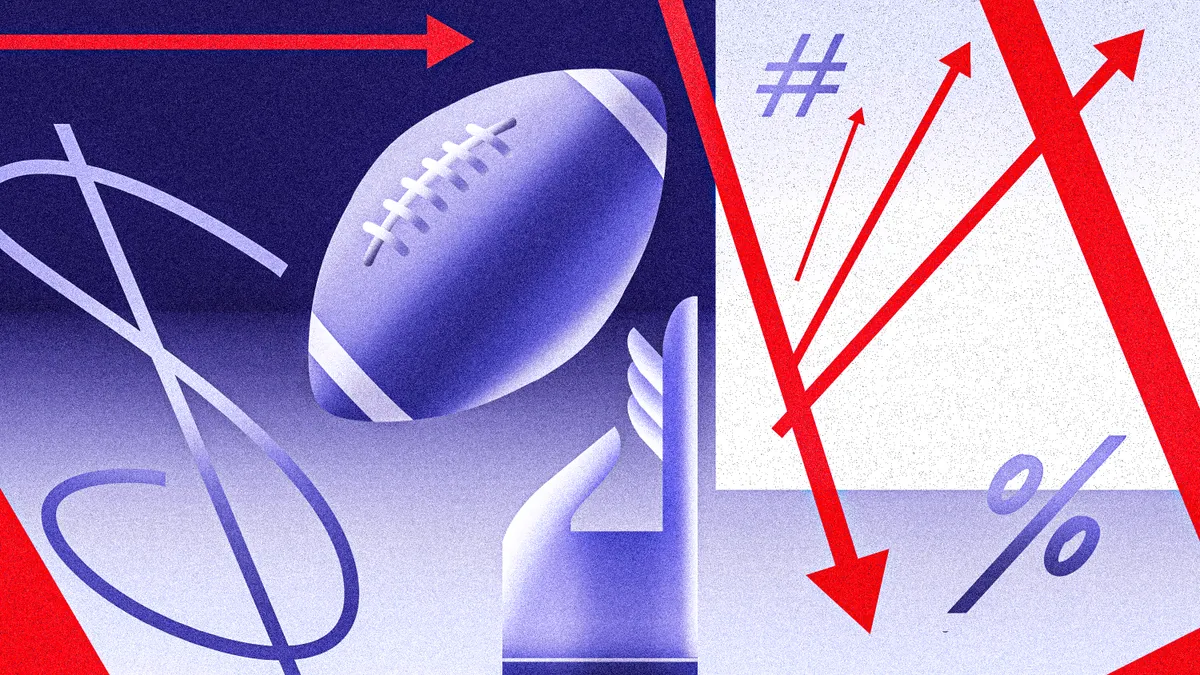 An illustration of a football and a hand surrounded by up and down arrows, dollar signs, hashtags, and percent symbols.