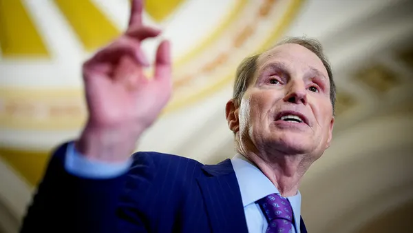 Sen. Ron Wyden speaks to reporters following a regular Democratic policy luncheon on April 8, 2025. Wyden is holding up the nomination of Sean Plankey to become director of CISA.