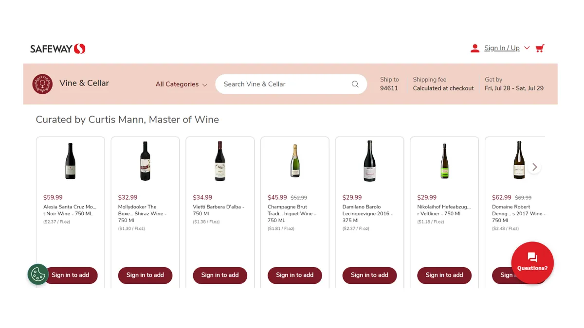 A screenshot of the Vine & Cellar wine collection on Safeyway's website