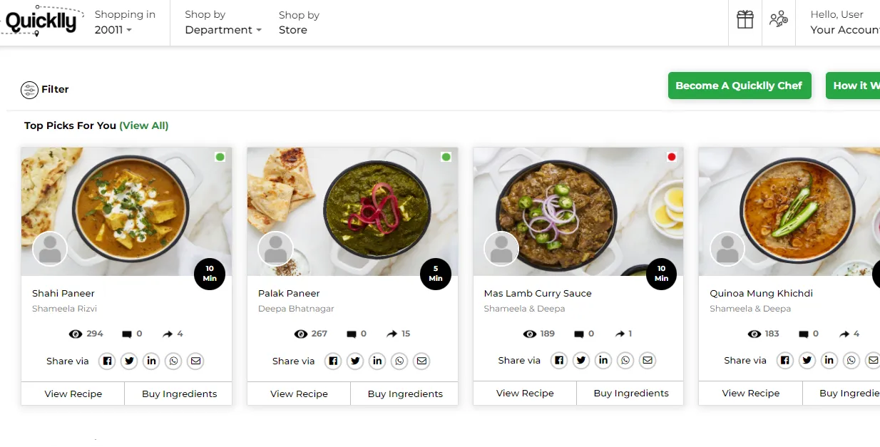 Shoppable recipes on Quicklly