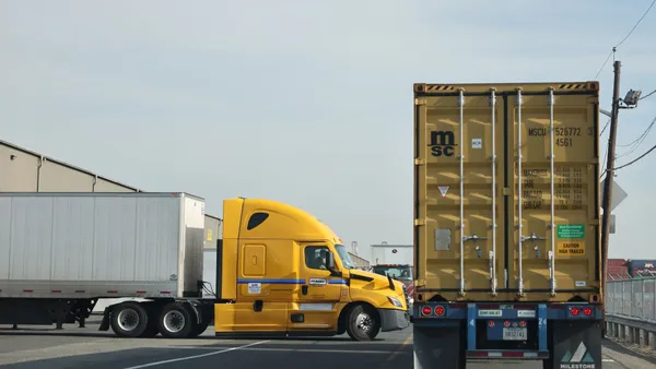 Two tractor-trailers are shown arriving at the Port of Newark on Oct. 4, 2024.