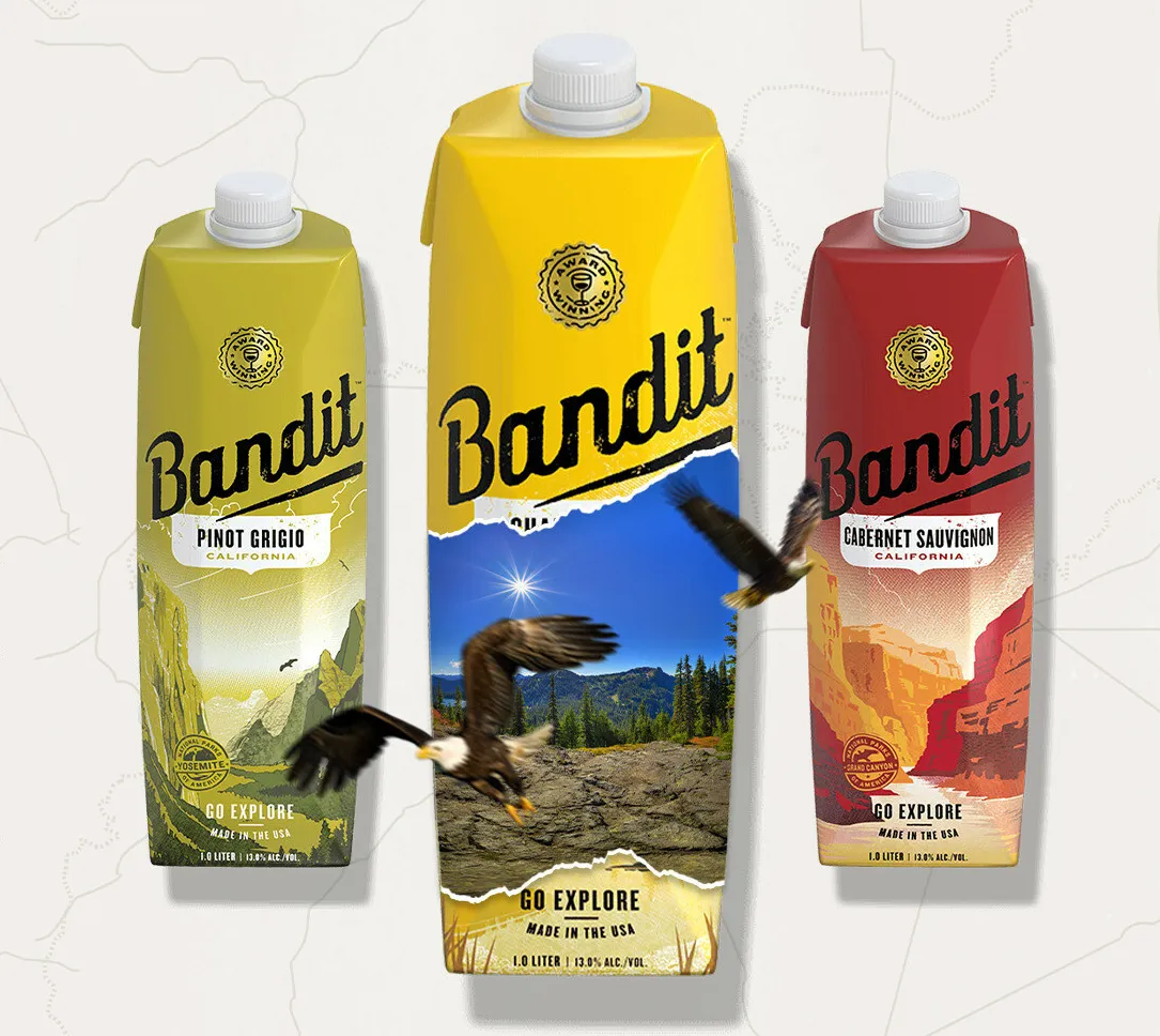 Three cartons of Bandit Wines products with digital animals emerging from the packaging.