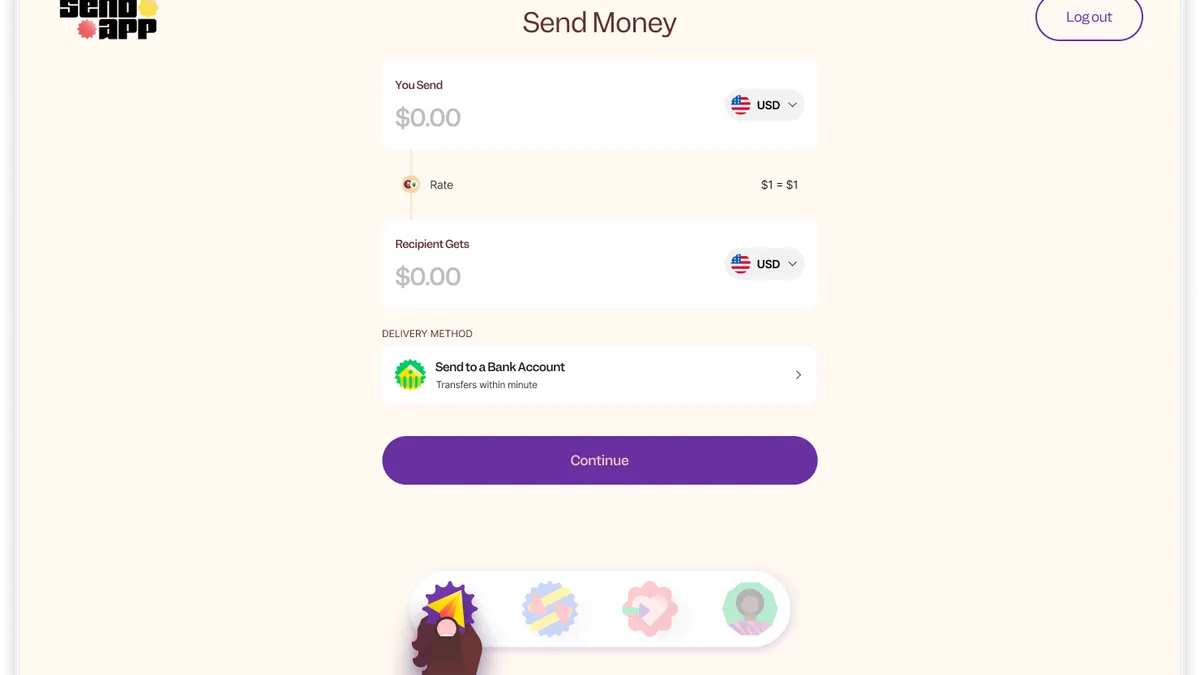 A screenshot of a money transfer web application