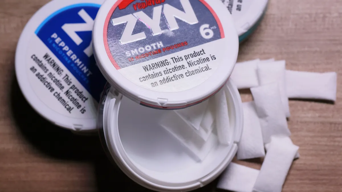 ZYN nicotine cases and pouches are seen on a table on January 29, 2024 in New York City.