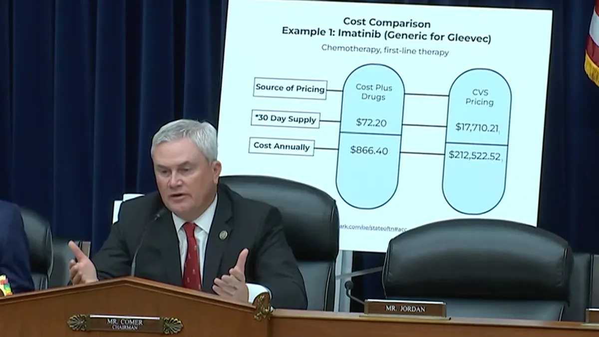 Rep. Comer sits in front of a poster outlining the cost differences between a drug dispensed at Cost Plus Drugs versus CVS.