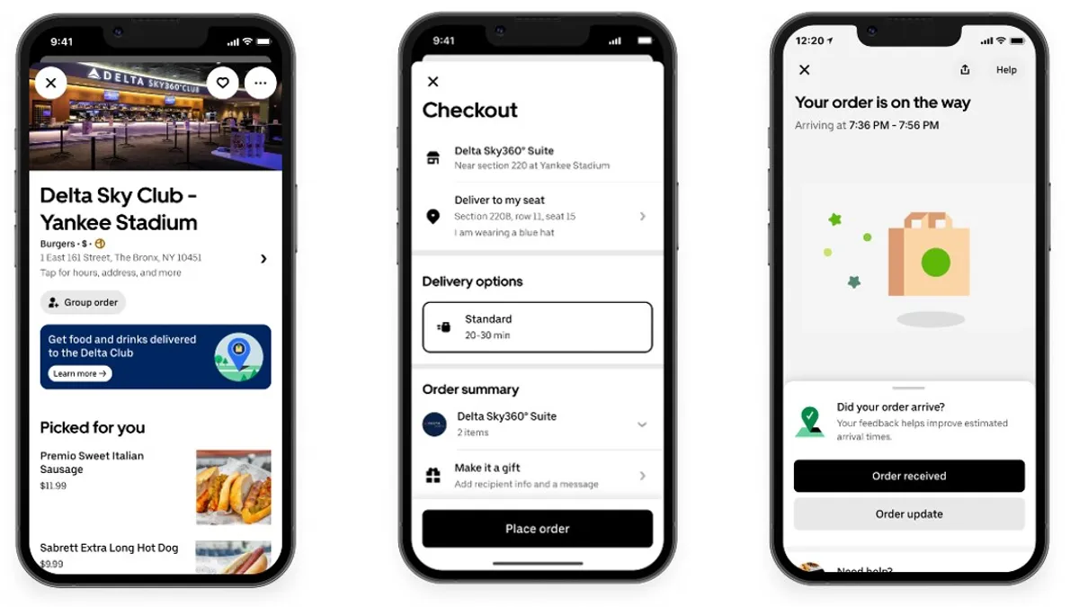 Three images of Uber Eats' in-stadium delivery feature.