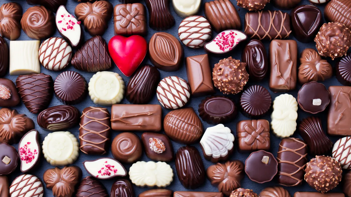 Overhead view of several fancy chocolates made from white, milk and dark chocolate crowded lying together. A red heart piece is near the upper left corner.