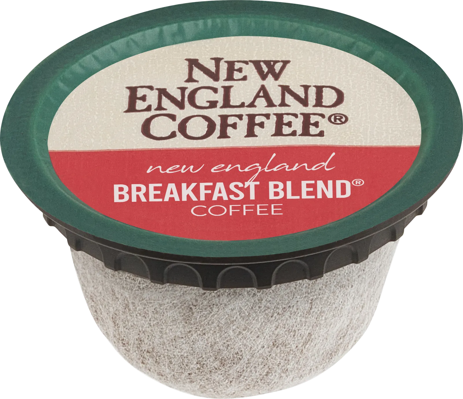 A New England Coffee pod with a mesh base and a label indicating the coffee flavor is Breakfast Blend.