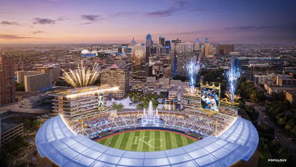 A rendering of a major league ballpark stadium.