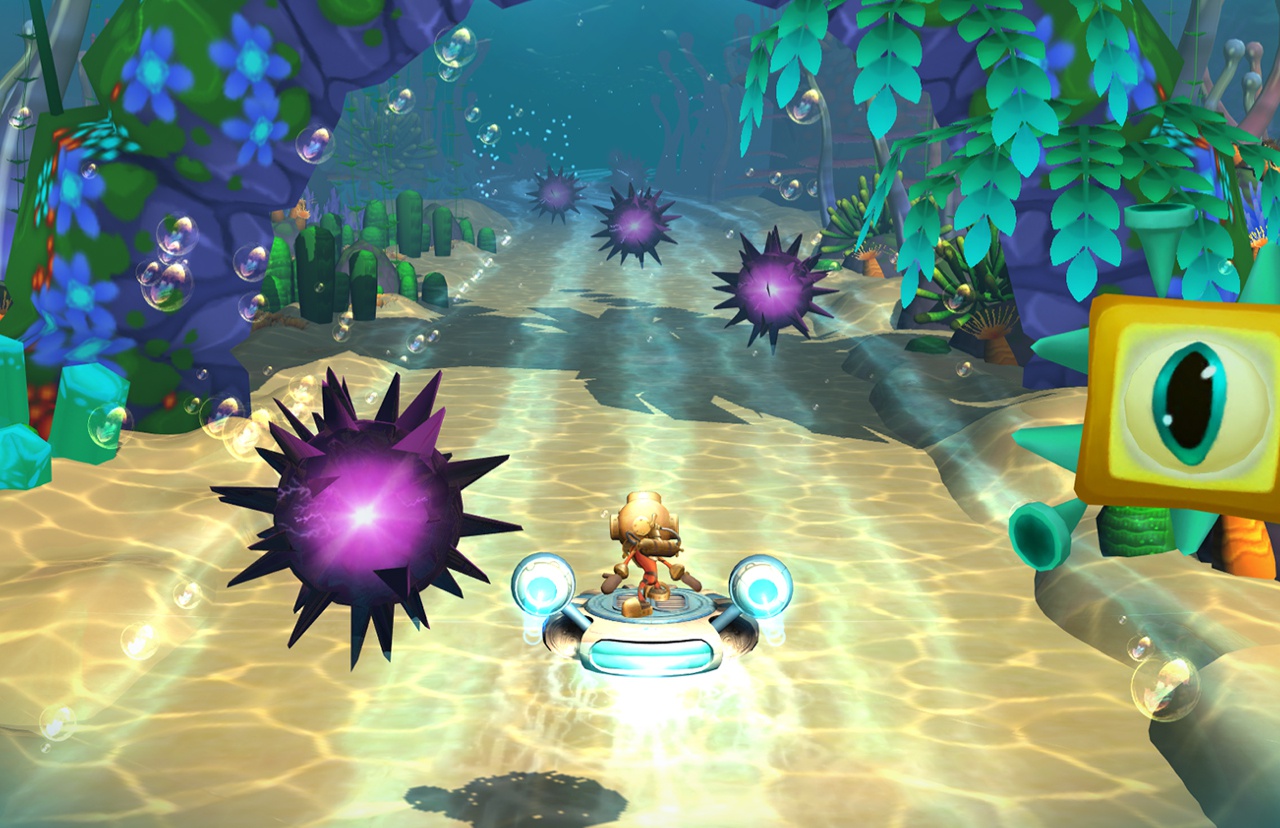 A person in a spaceship navigates around purple spikes in an underwater level of Akili's game.