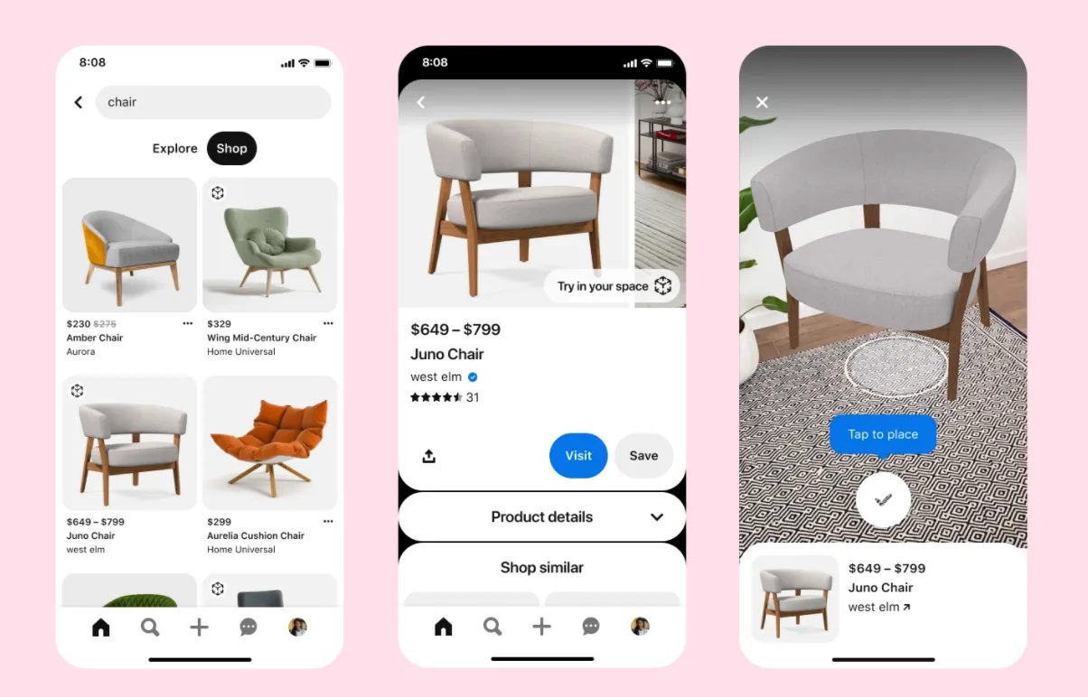 Pinterest introduces AR for home.