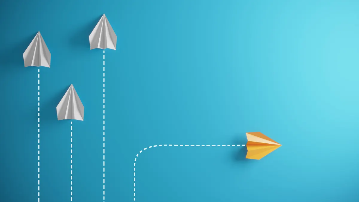 Group of paper airplane in one direction and with one individual pointing in the different way