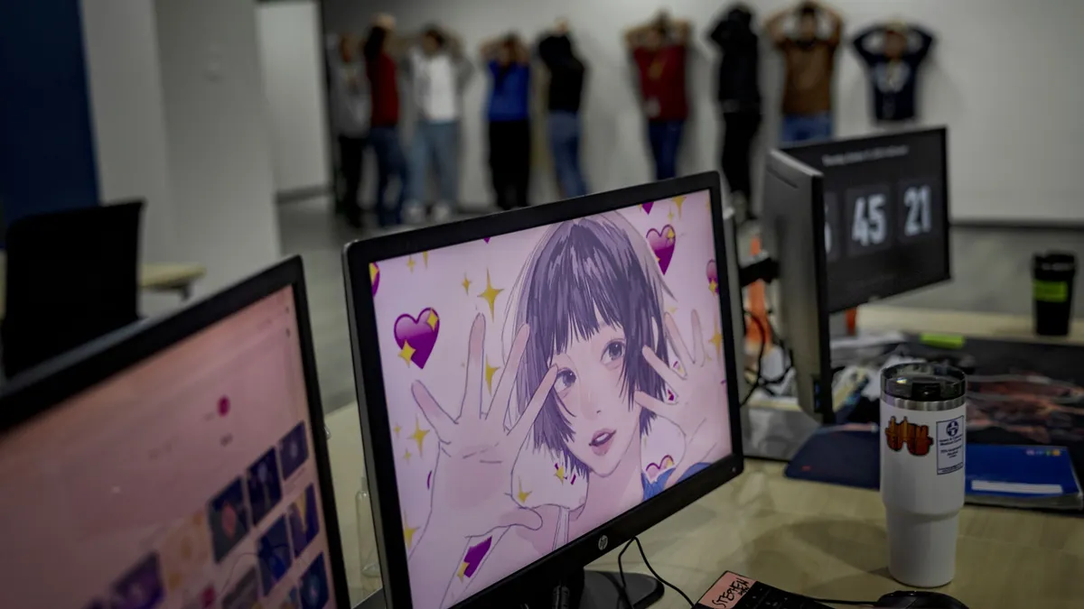 In the foreground is a computer screen displaying an animated image of a girl, and in the background people stand with their hands up on their heads.