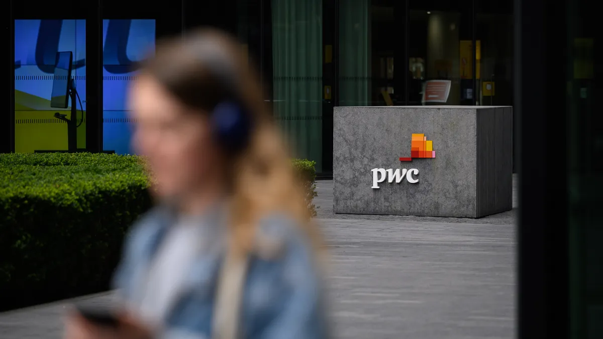 A general view of the exterior of the PWC London offices on March 31, 2021 in London, England.