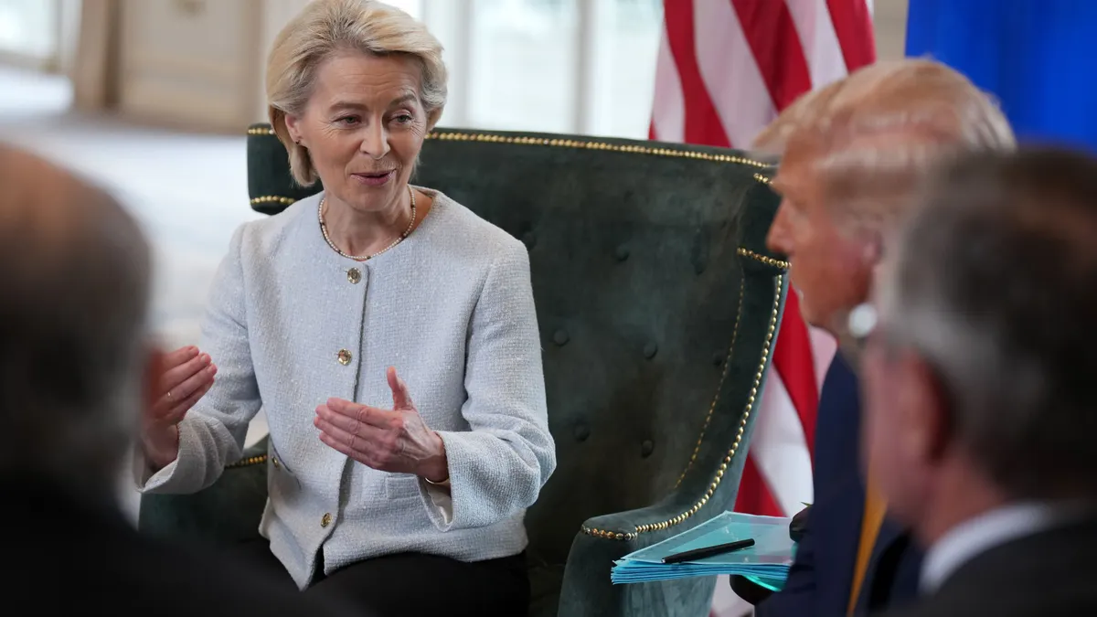 European Union President Ursula von der Leyen speaks with U.S. President Donald Trump on July 27, 2025, in Turnberry, Scotland.