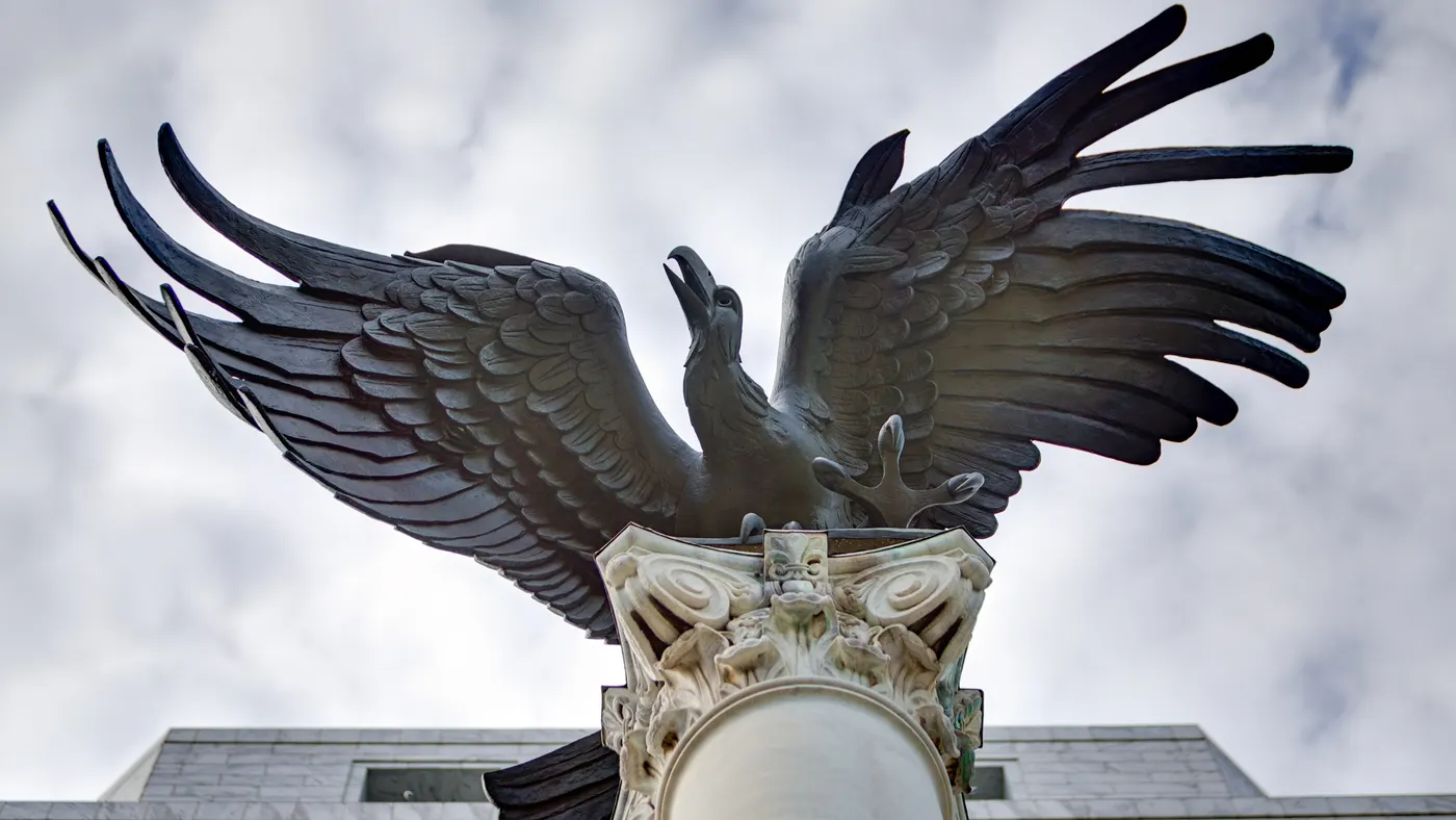 A bronze sculpture of an eagle with a 16-foot wingspan adorns the outside of the Federal Reserve Bank of Atlanta.