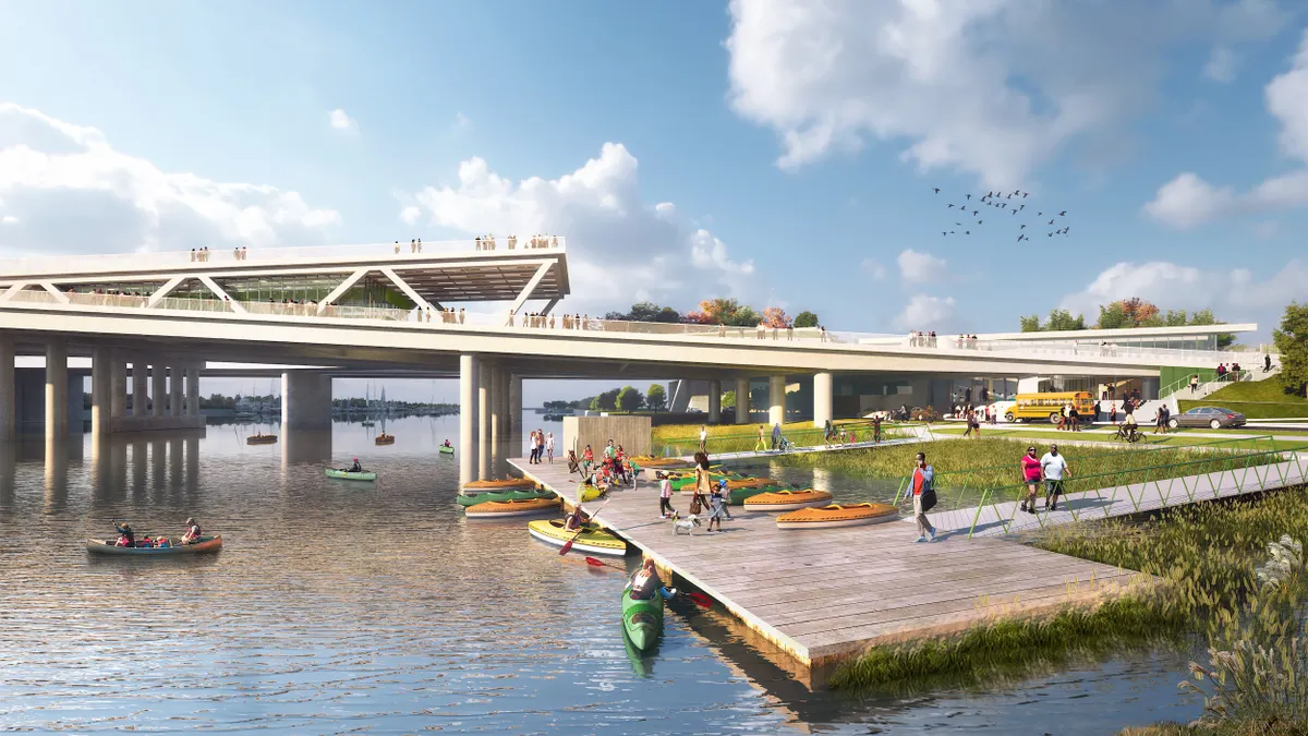 Rendering of a dock on a river with people launching kayaks, bridge in the background.