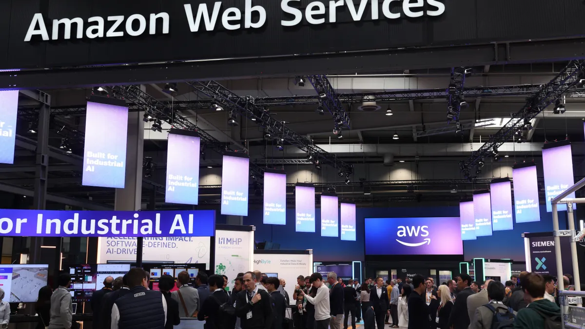 he Amazon Web Services pavilion at the Hannover Messe industrial trade fair on March 31, 2025 in Hanover, Germany.