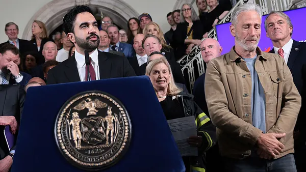 NYC Mayor Zohran Mamdani seen speaking during a press conference.