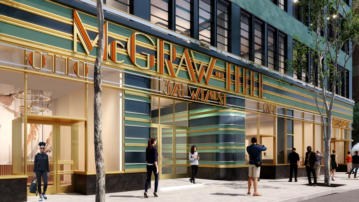 A rendering of the front of a green building at street level.