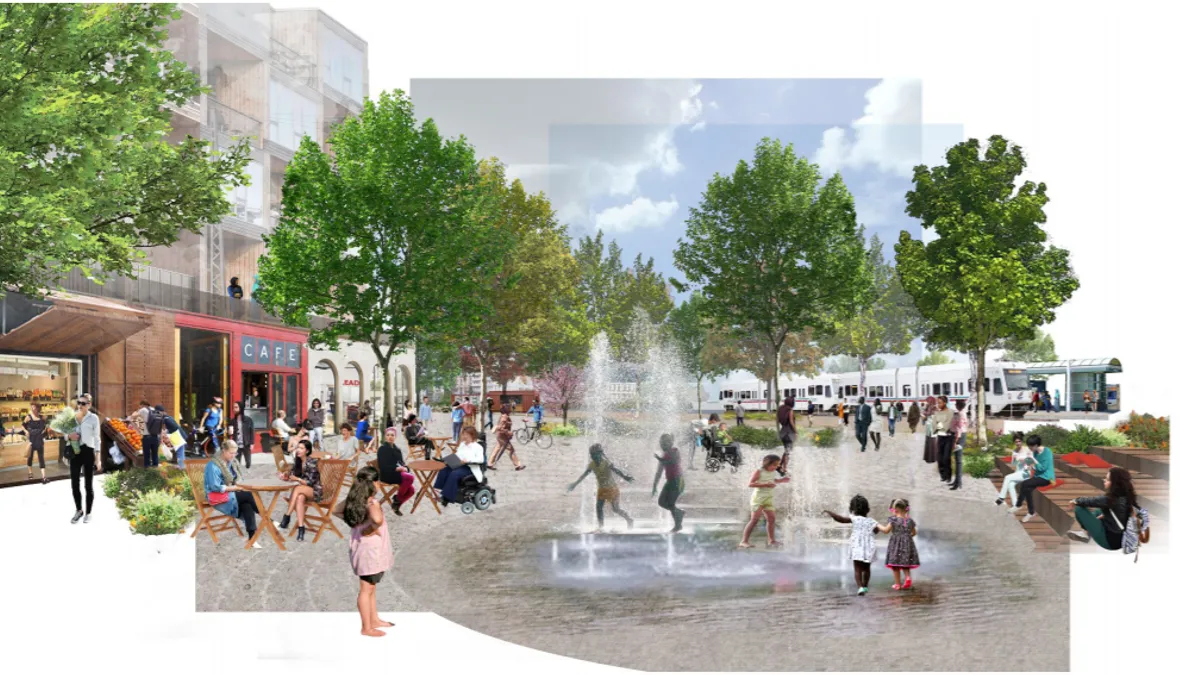 An artist rendering of a fountain in a park crowded with people walking through the development.