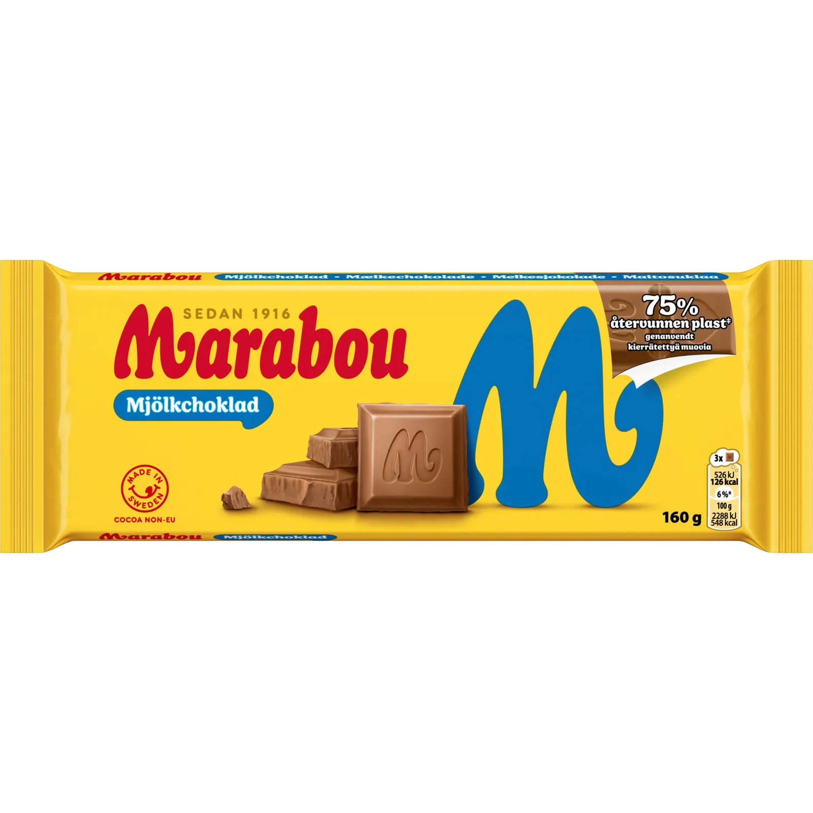 A candy bar with a yellow wrapper that has Marabou branding on it.