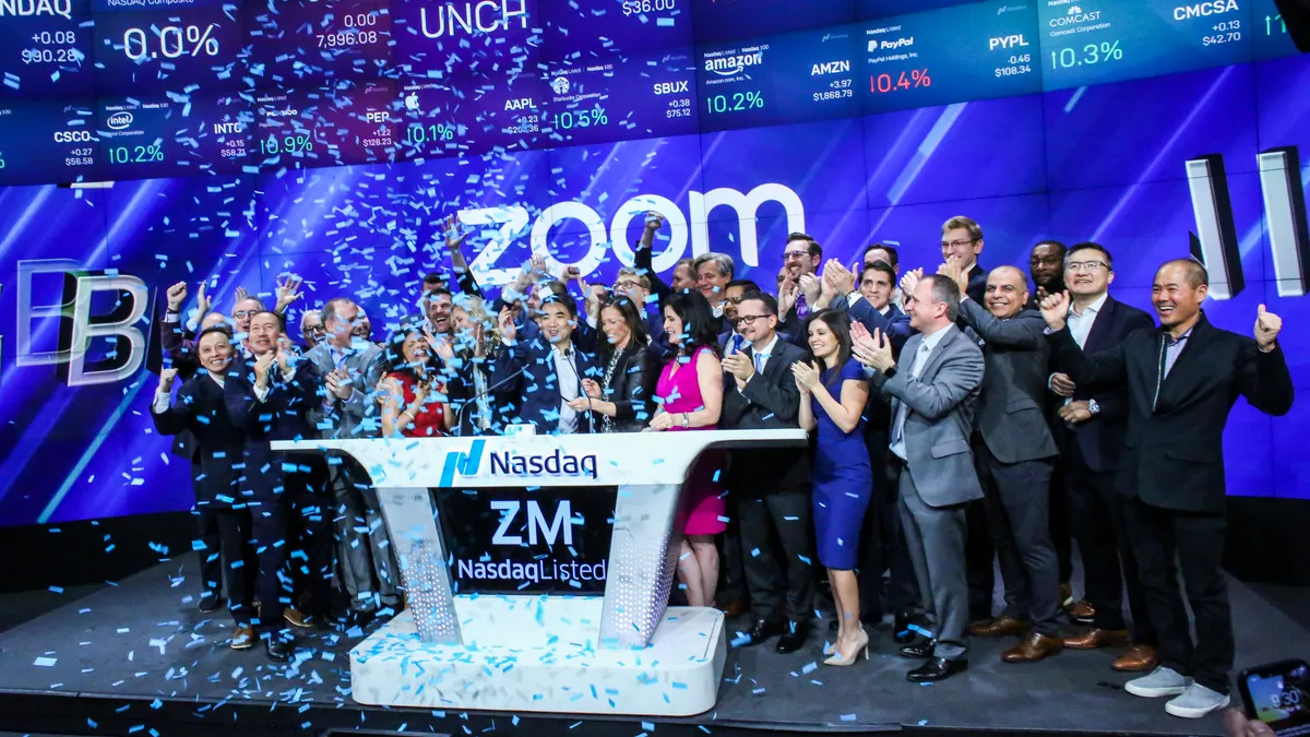 Confetti falls during Zoom's 2019 IPO on the NYSE in April 2019