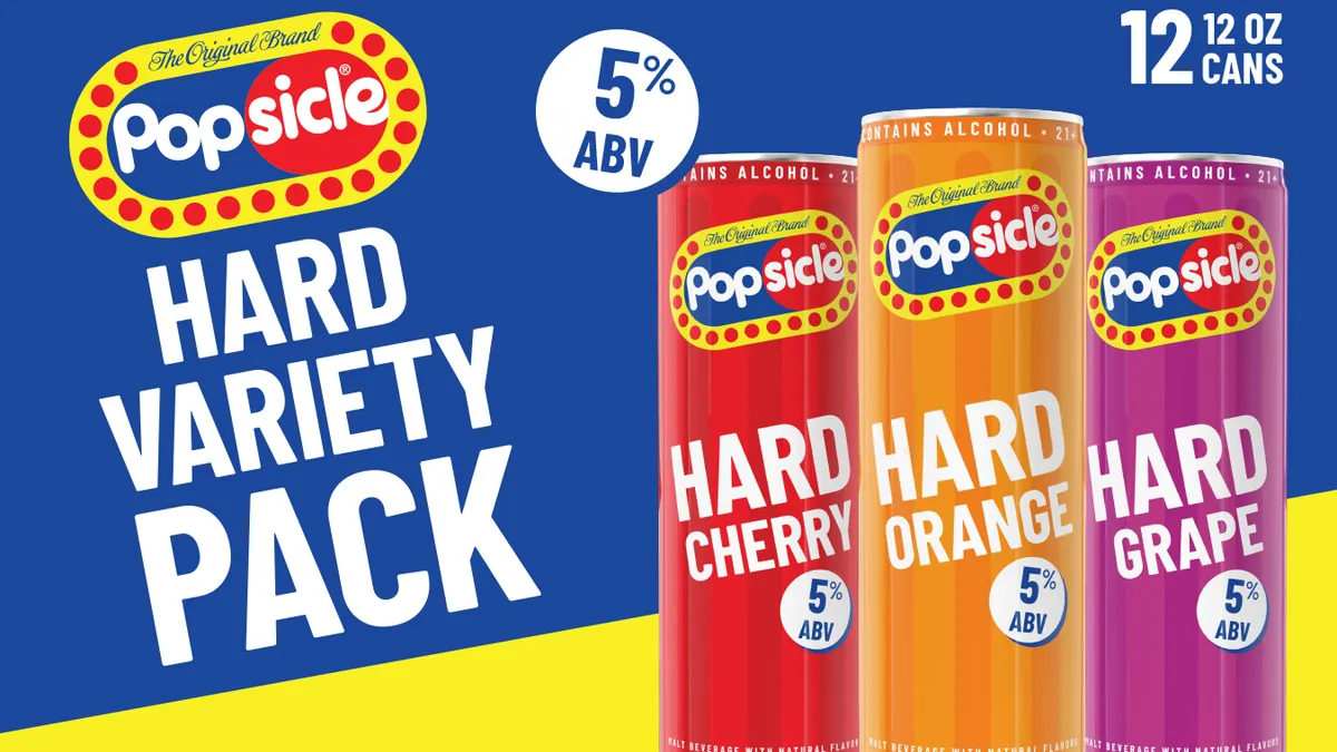 A product image of three flavors of Hard Popsicle in grape, cherry and orange.