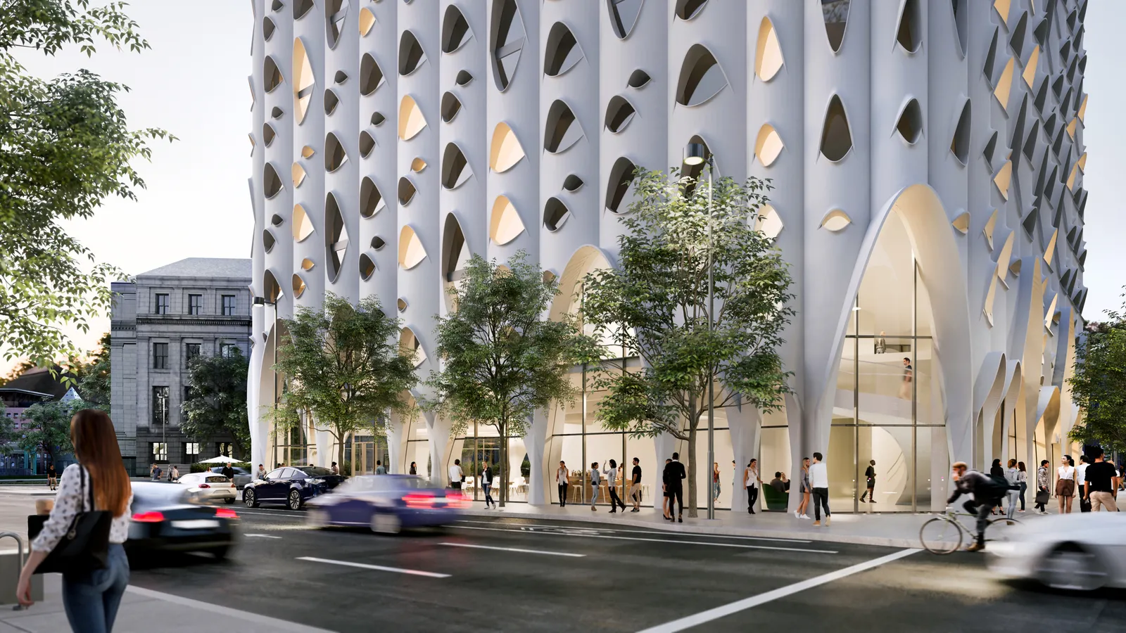 A rendering of the exterior of Populus, as seen from a busy street.