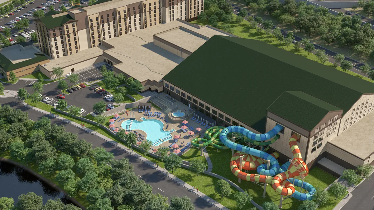 A rendering shows the future Great Wolf Lodge in Connecticut, complete with an indoor waterpark.