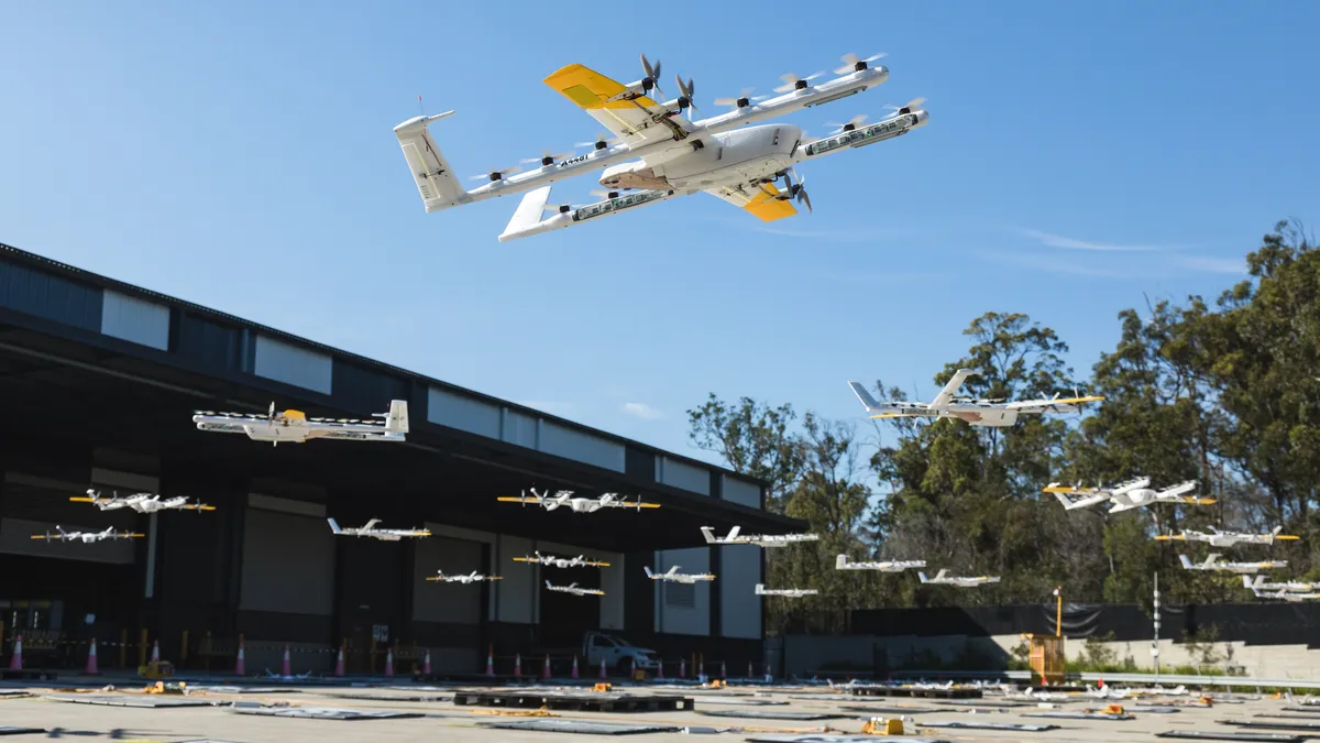 A Wing drone is in flight.