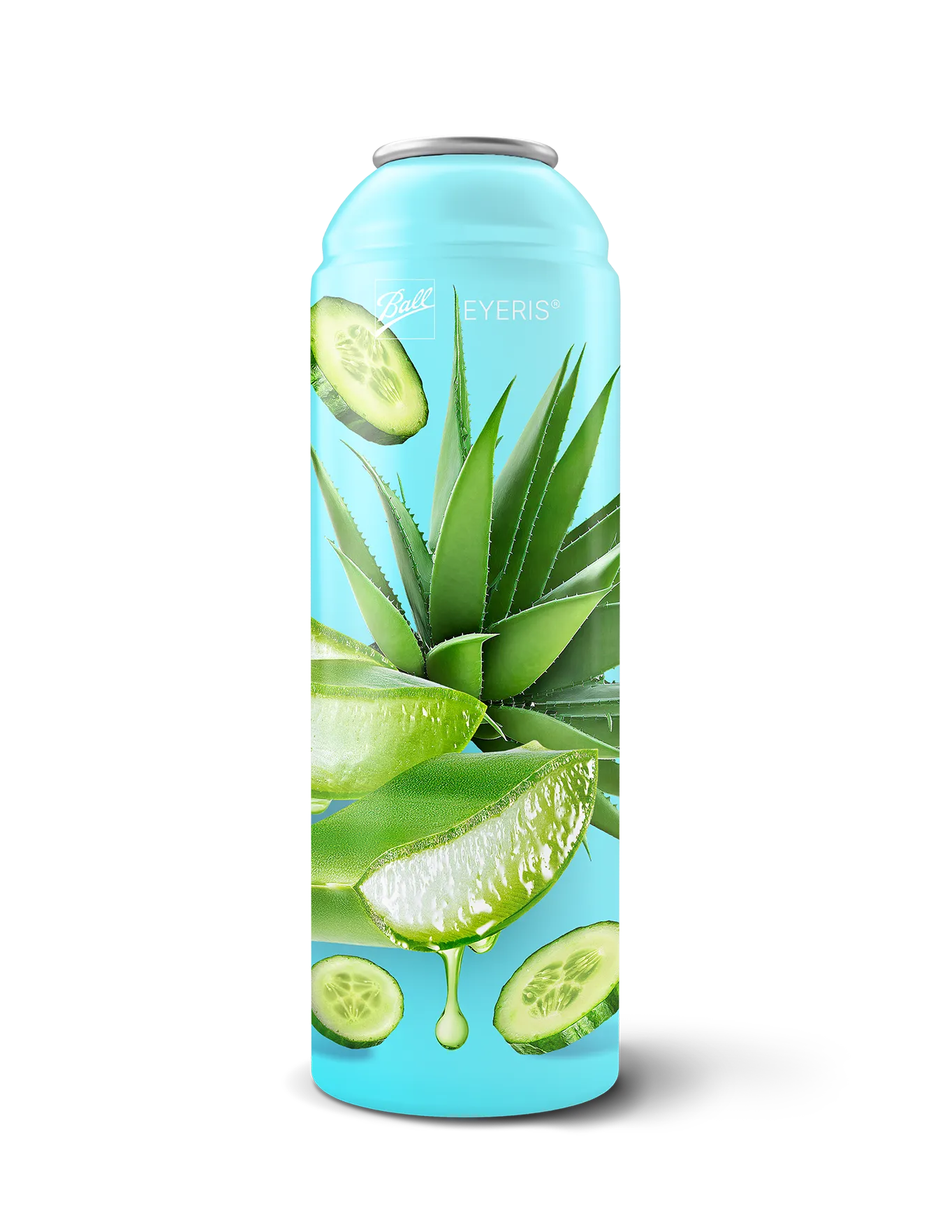 An example of Ball's Eyeris printing, an aluminum bottle depicting green aloe vera against a blue background