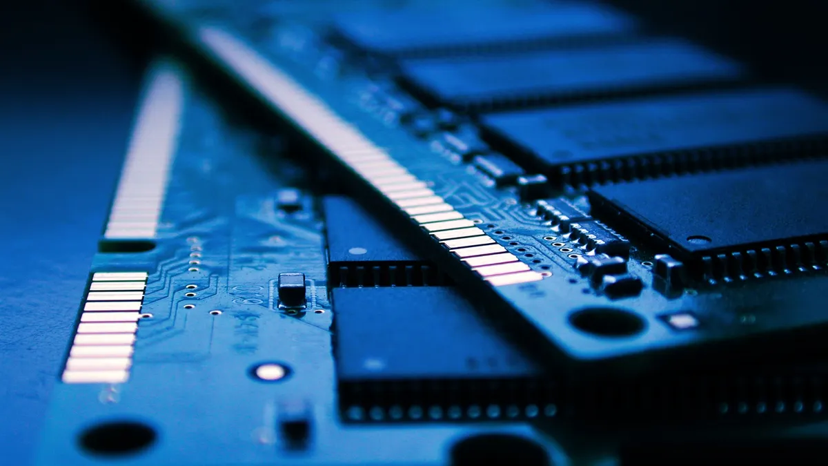 A closeup picture of a computer RAM memory storage processor.