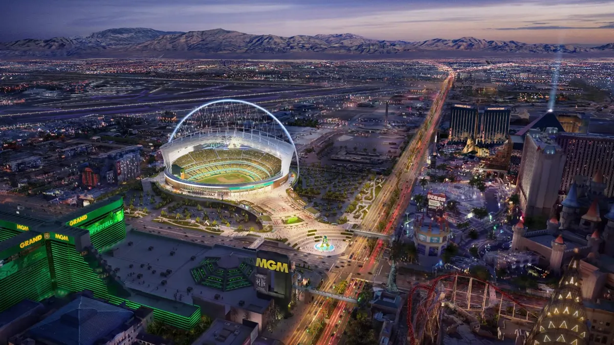 A rendering of a colorful baseball park on the Las Vegas Strip.