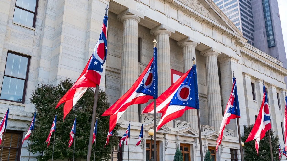 Ohio State Flags at the state capital in Capitol Square in Columbus, Ohio