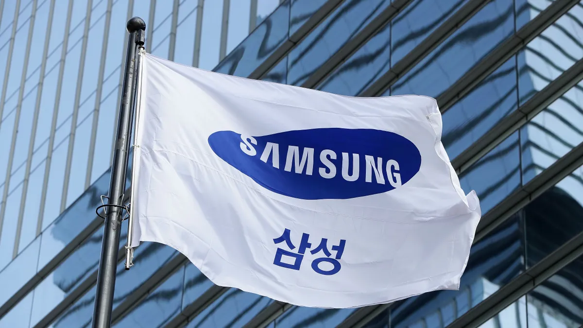 A Samsung flag flies outside the company's headquarters