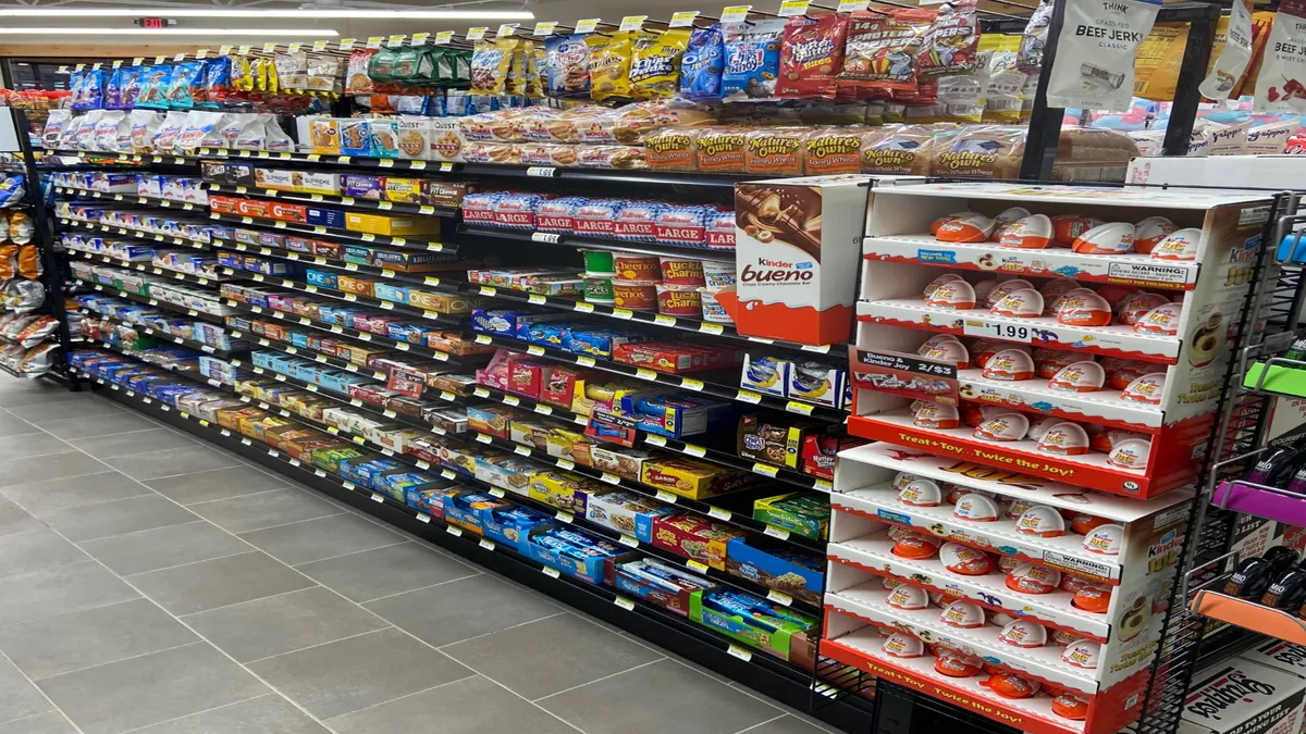 The candy aisle at a convenience store