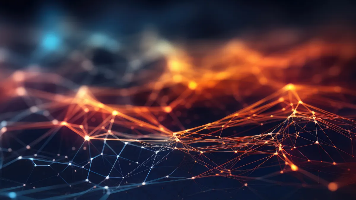 Abstract blue technology background with a cyber network grid and connected particles. Artificial neurons, global data connections
