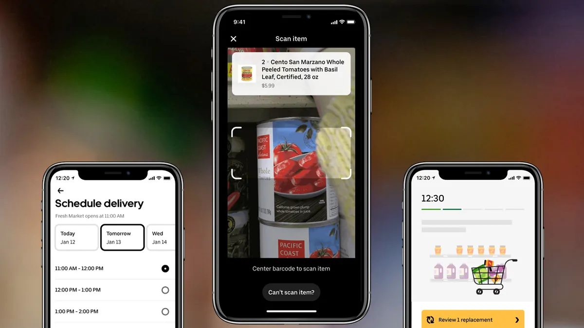 Three side-by-side images of smartphone screens showing grocery e-commerce features, like a barcode scanning tool.