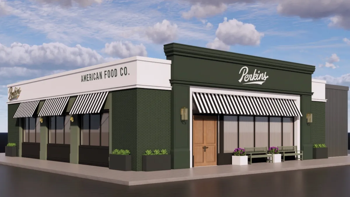 A rendering of a green building with Perkins branding on it.