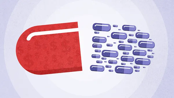 A stylized illustration of a pill breaking apart into smaller pills.