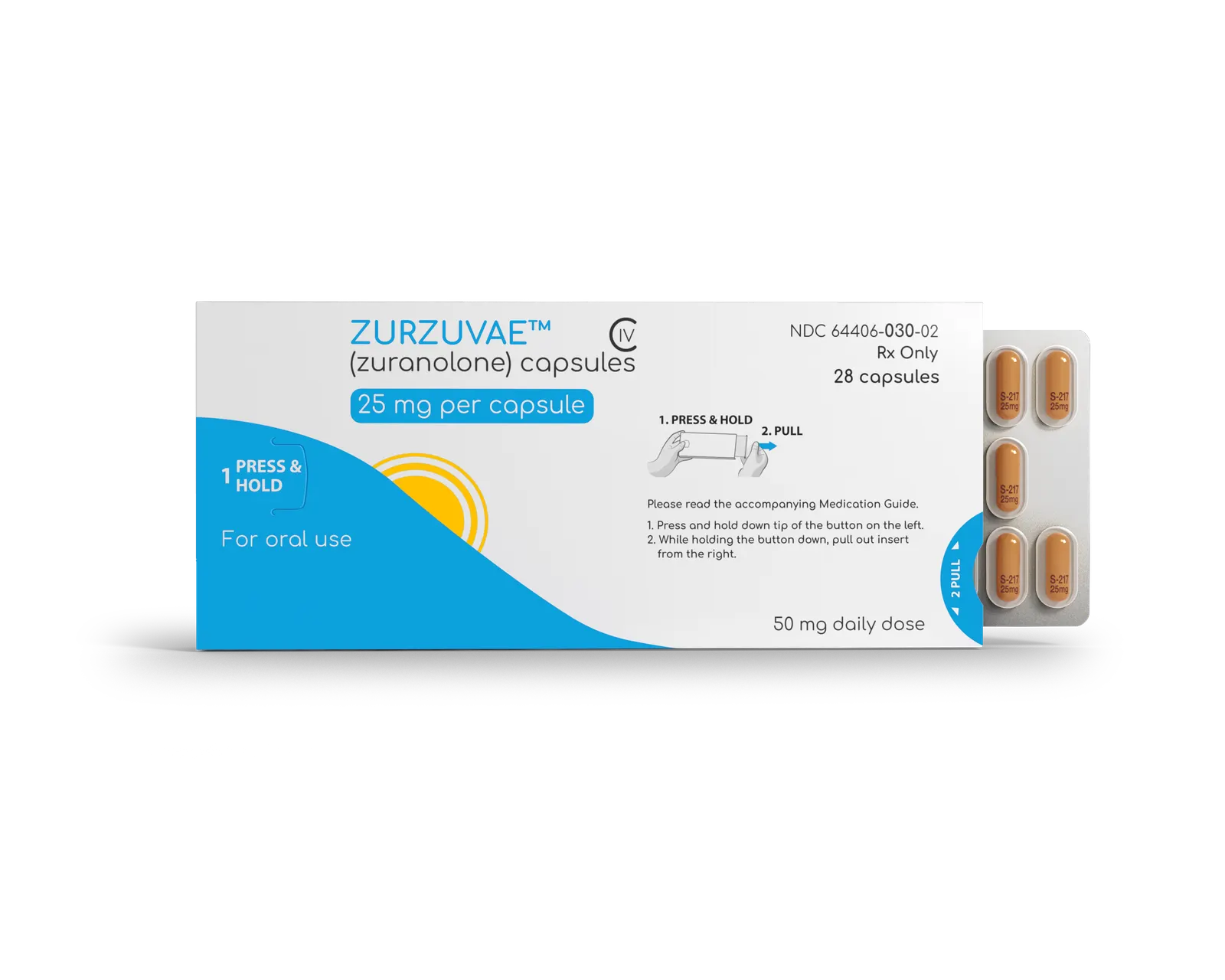 A product image of a box of pills called Zurzuvae also known as zuranalone for postpartum depression