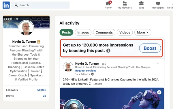 LinkedIn personal post boosting