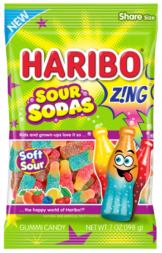 A product shot of the bag of Haribo gummy sour sodas.