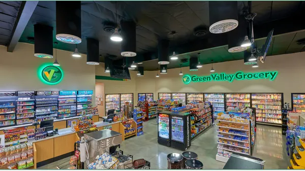 A photo of the interior of a convenience store. A sign on the wall says Green Valley Grocery