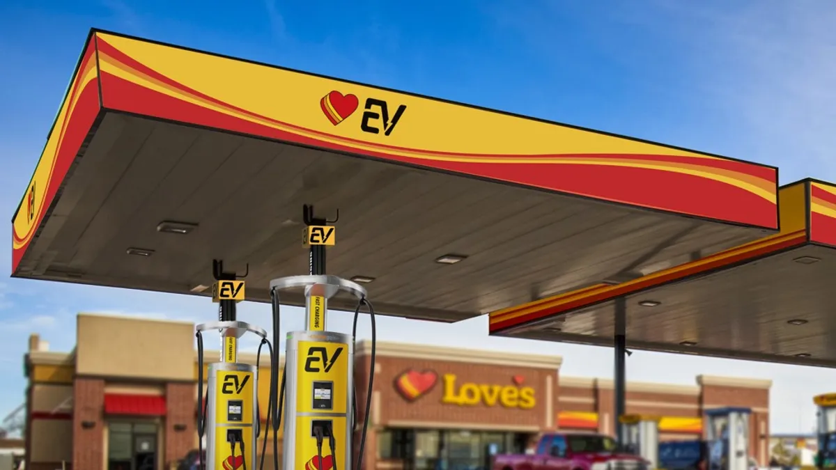 A photo of the exterior of a convenience store. There is a set of EV chargers in the foreground. The chargers and the canopy over them are yellow and red and say "EV." the store behind it has a sign that satys "Love's"